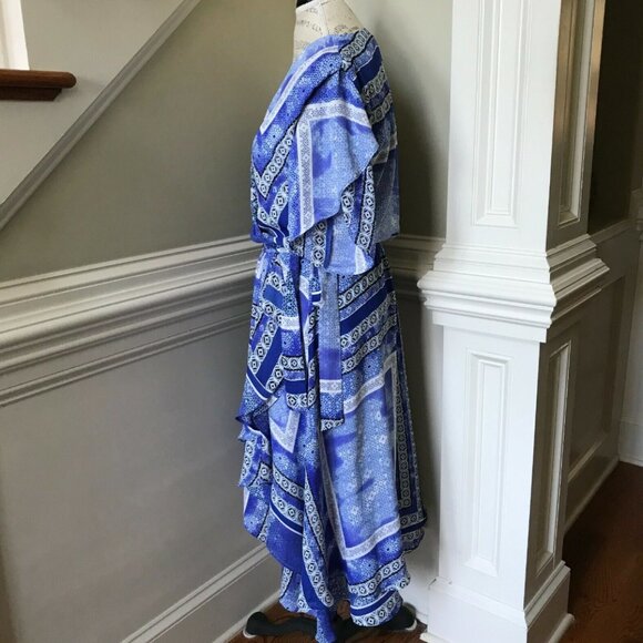 Parker Dominica Midi Dress Womens Medium Blue White Faux Wrap Dolman Sleeve - Picture 8 of 11